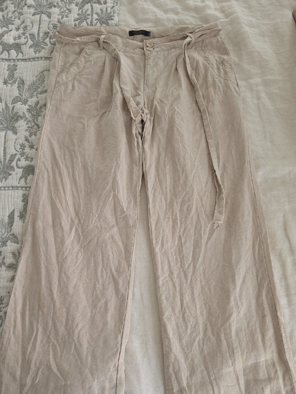 Beige 100% Linen-Blend Relaxed Pants